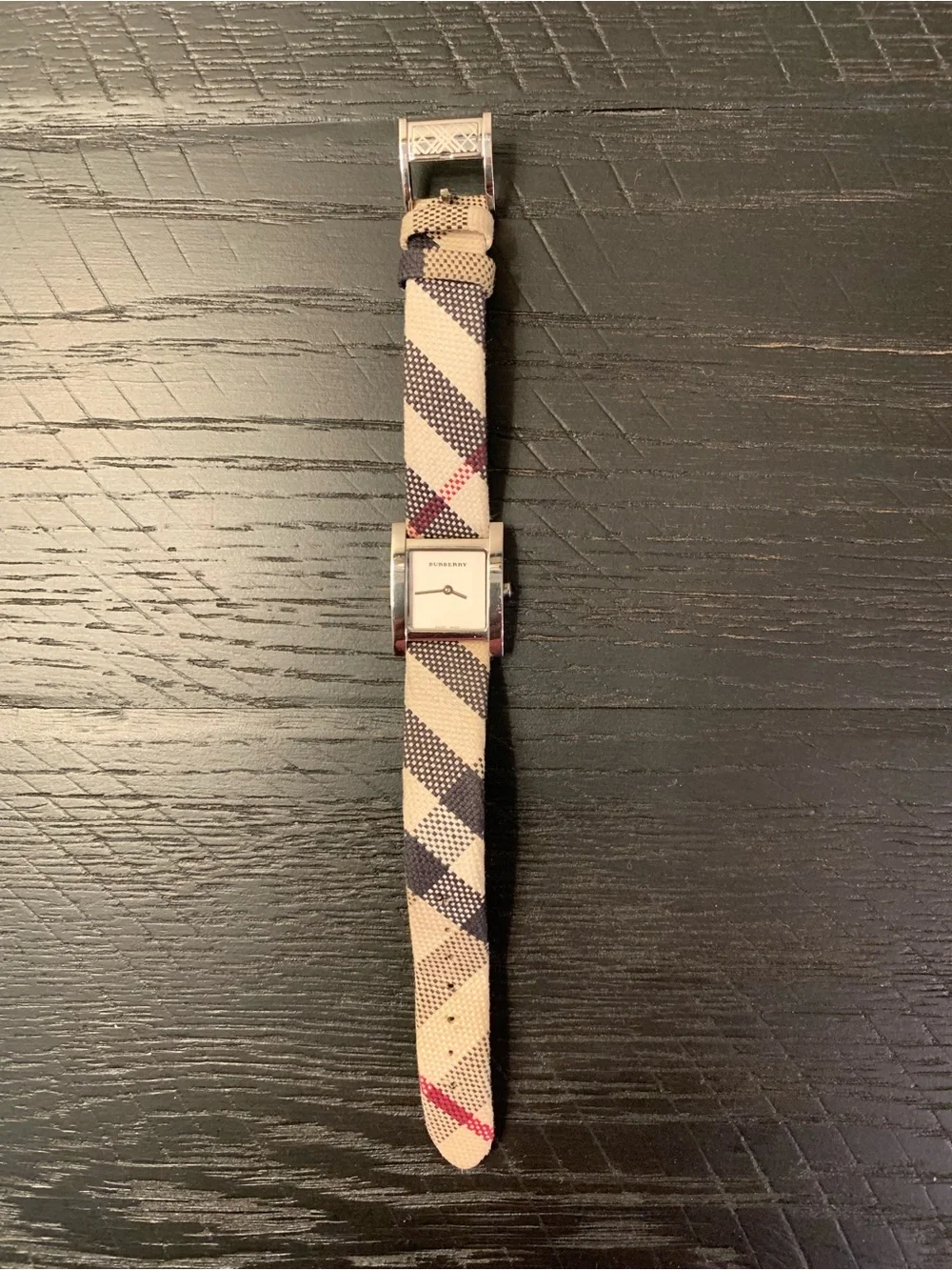 Burberry Rectangular Silver Case Watch with Beige Plaid Strap